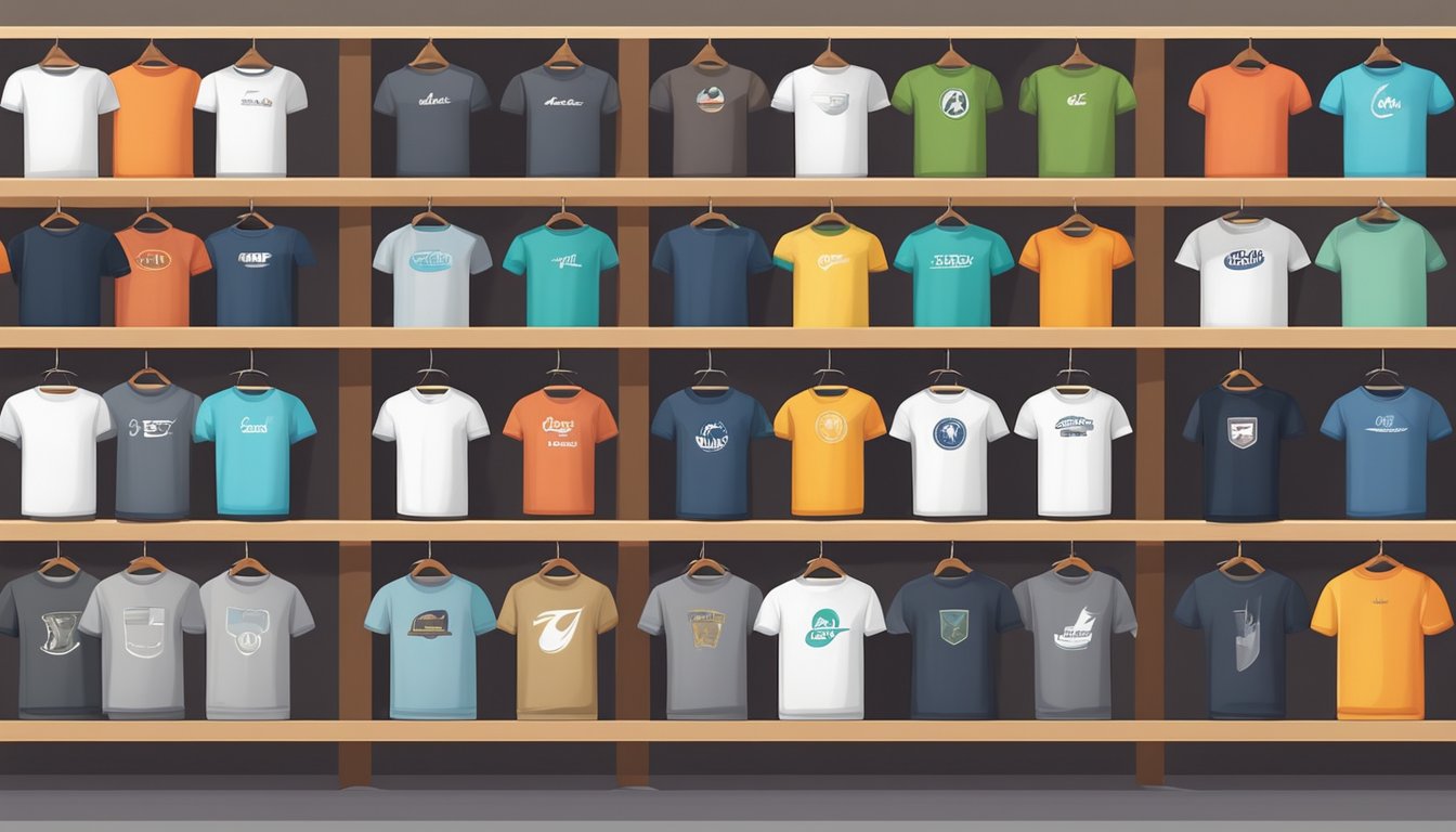 A display of various t-shirt brands for guys, arranged on shelves or racks in a modern, well-lit retail store