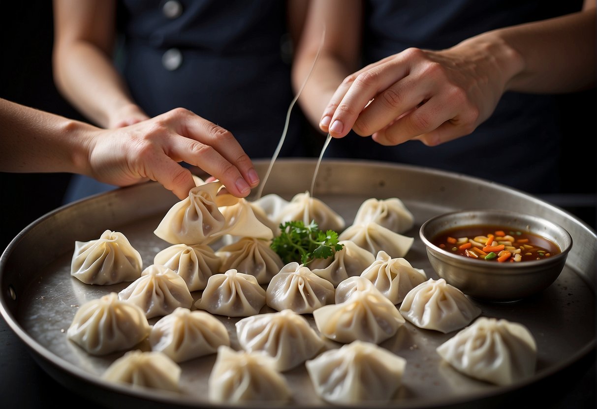 A pair of hands expertly folds and pinches delicate dumpling wrappers, filling them with savory pork and vegetable filling. The kitchen is alive with the aroma of soy sauce and ginger as the dumplings are steamed to perfection