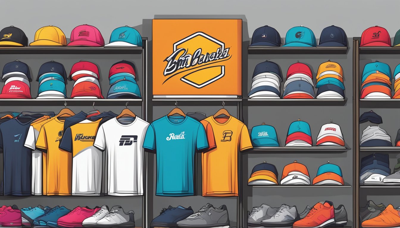 A display of top t-shirt brands for men, arranged on shelves with bold logos and vibrant colors