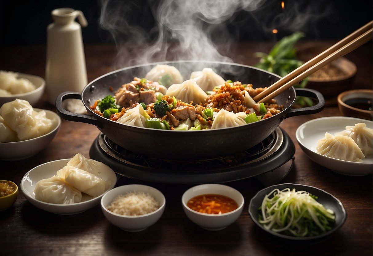 A wok sizzles as dumplings steam. Ingredients surround: minced pork, ginger, garlic, cabbage. A pair of chopsticks hovers, ready to flip
