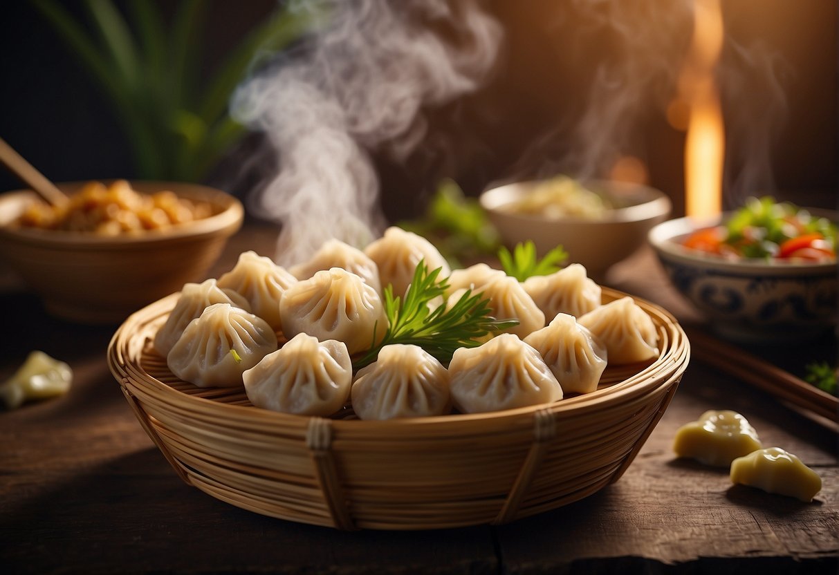 A steaming bamboo basket filled with plump, golden-brown Chinese dumplings, surrounded by small bowls of various savory dipping sauces