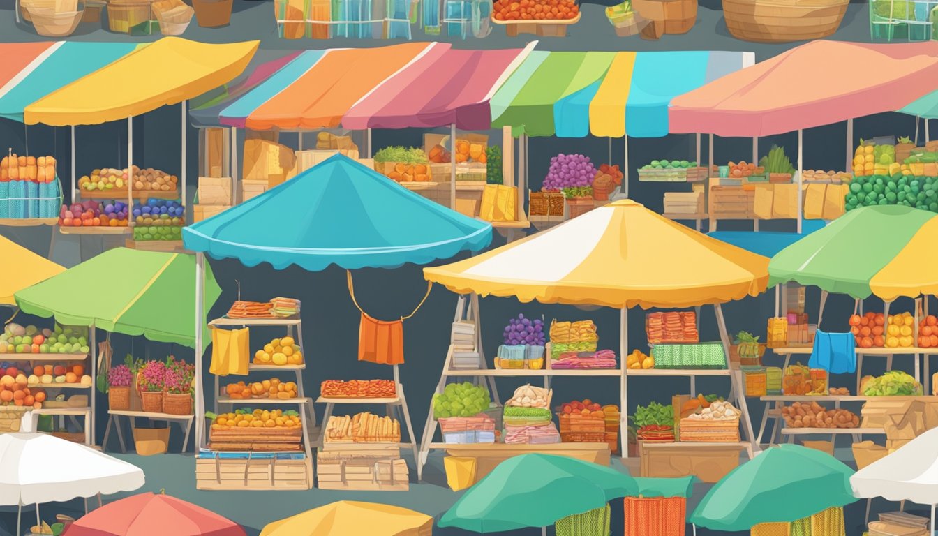 A colorful outdoor market stall in Singapore sells picnic mats