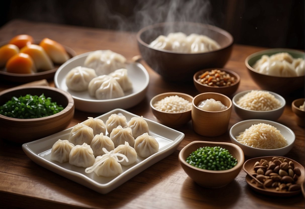 A table set with ingredients and utensils for making Chinese dumplings. A recipe book open to the "Frequently Asked Questions easy Chinese dumpling recipe" page