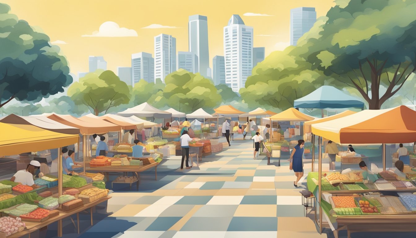 A sunny park with a variety of picnic mats on display at a bustling outdoor market in Singapore