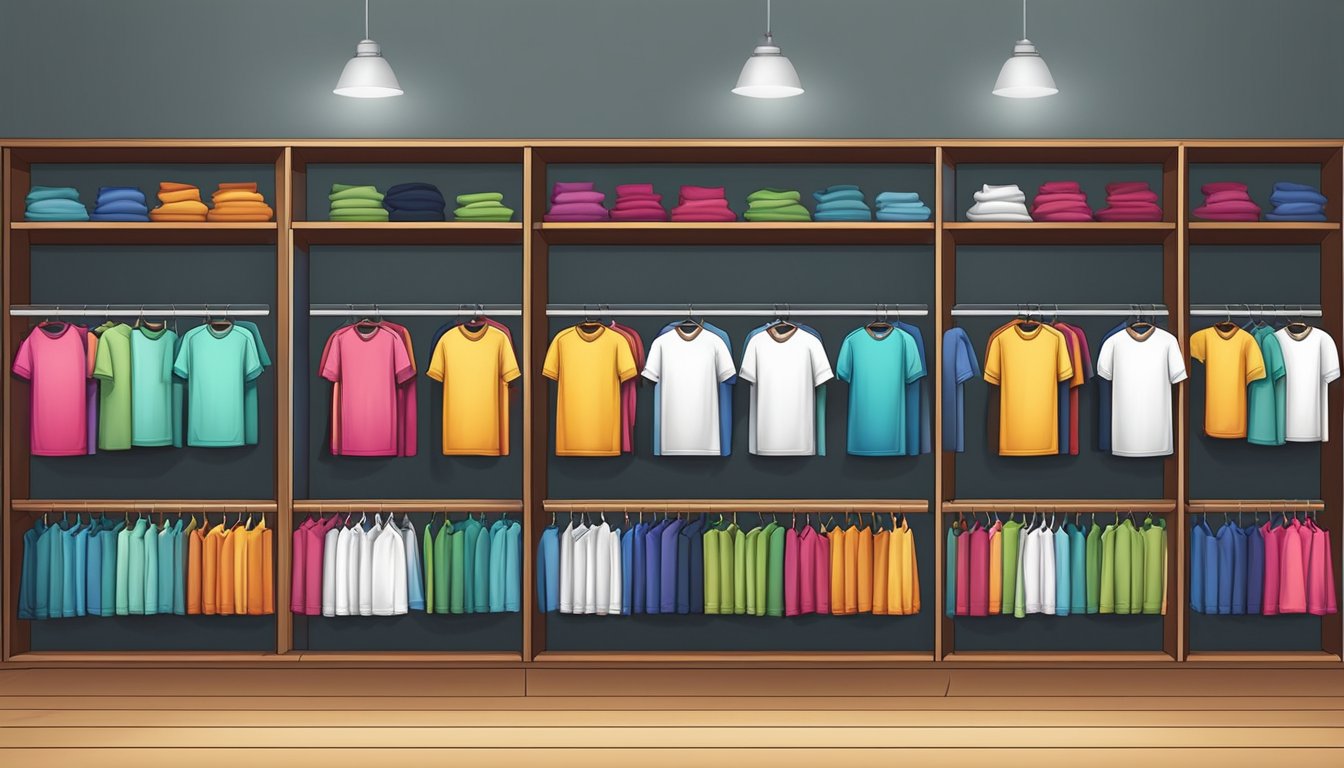 A row of colorful t-shirts lined up on display shelves, each with a unique design and style, waiting to be chosen by the perfect fit for every guy