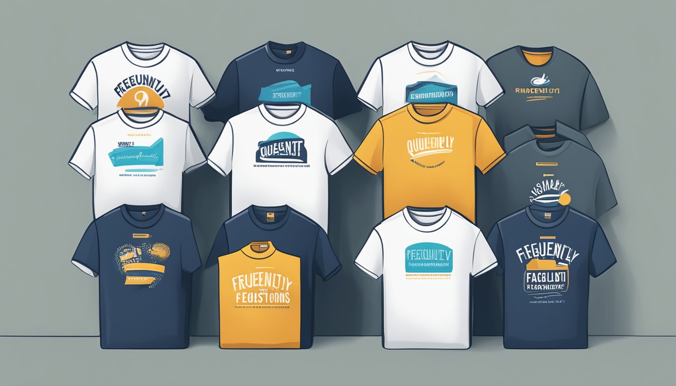 A stack of t-shirts with "Frequently Asked Questions" branding for men. Labels and logos are visible
