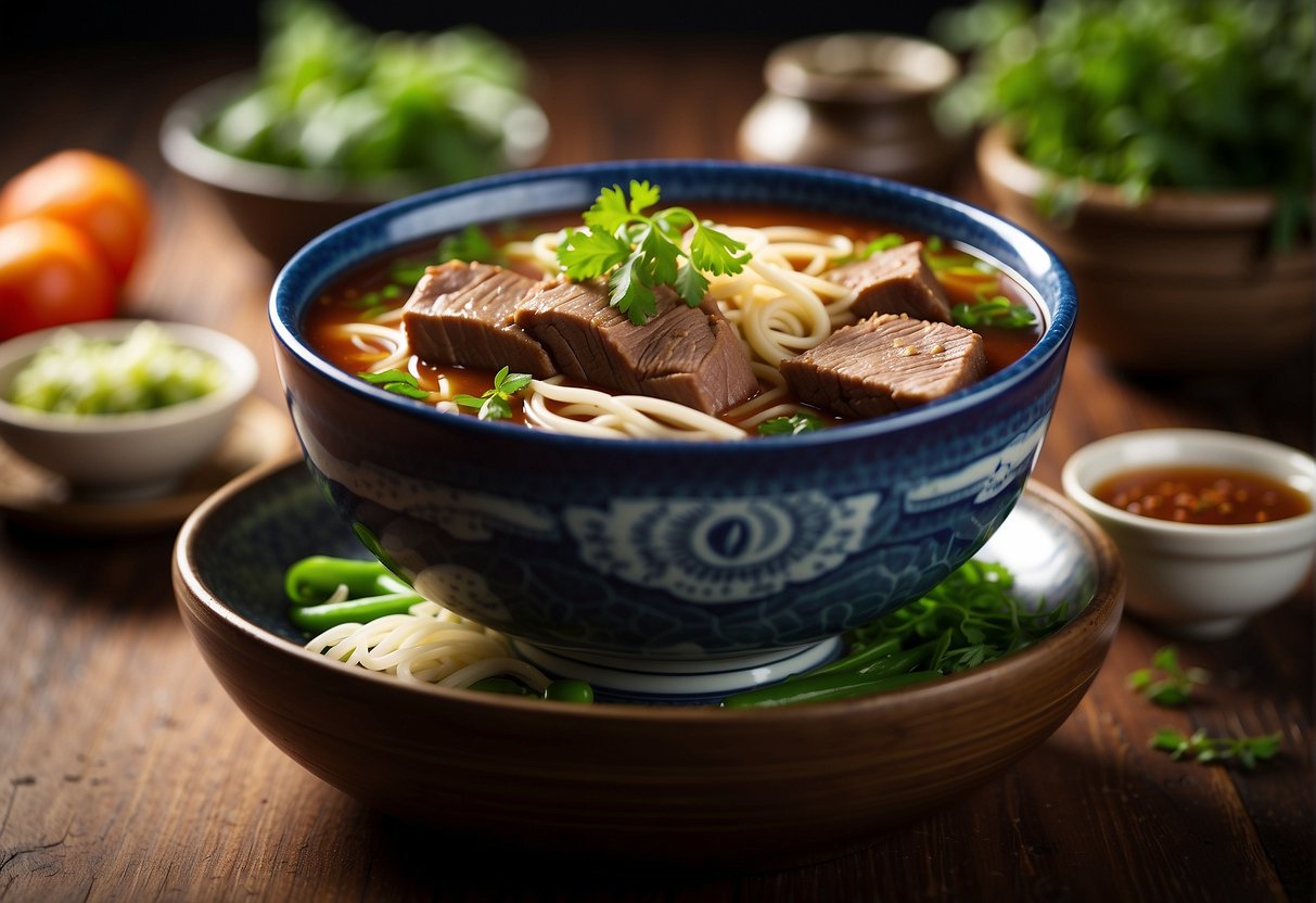 A steaming bowl of rich, aromatic beef brisket noodle soup, with tender chunks of braised meat and fresh, springy noodles, garnished with vibrant green herbs and served in a traditional Chinese bowl