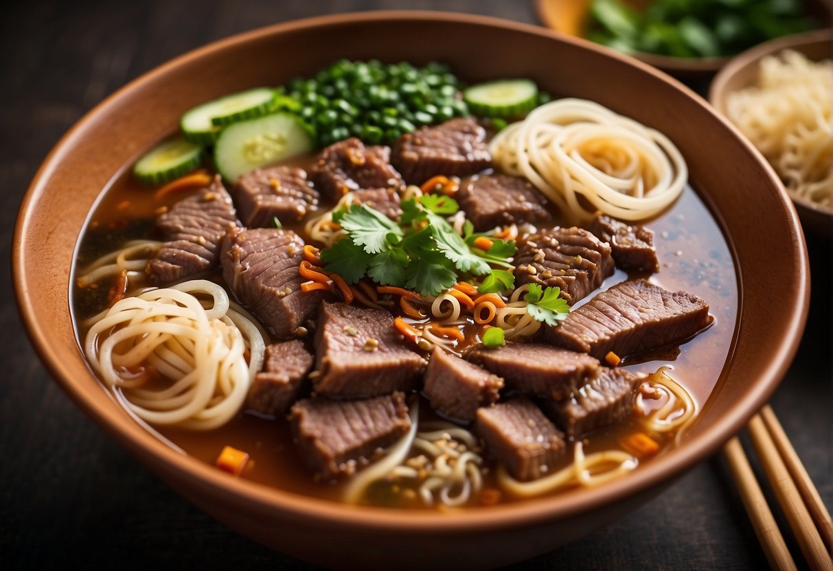 A steaming bowl of rich, aromatic beef brisket noodle soup surrounded by Chinese spices, herbs, and fresh noodles