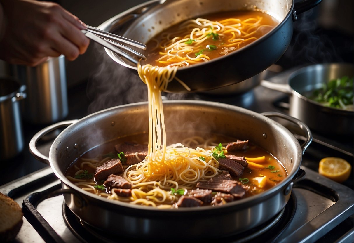 A pot simmers on a stovetop, filled with rich, aromatic broth. A chef slices tender beef brisket and prepares fresh noodles for the Chinese braised beef brisket noodle soup