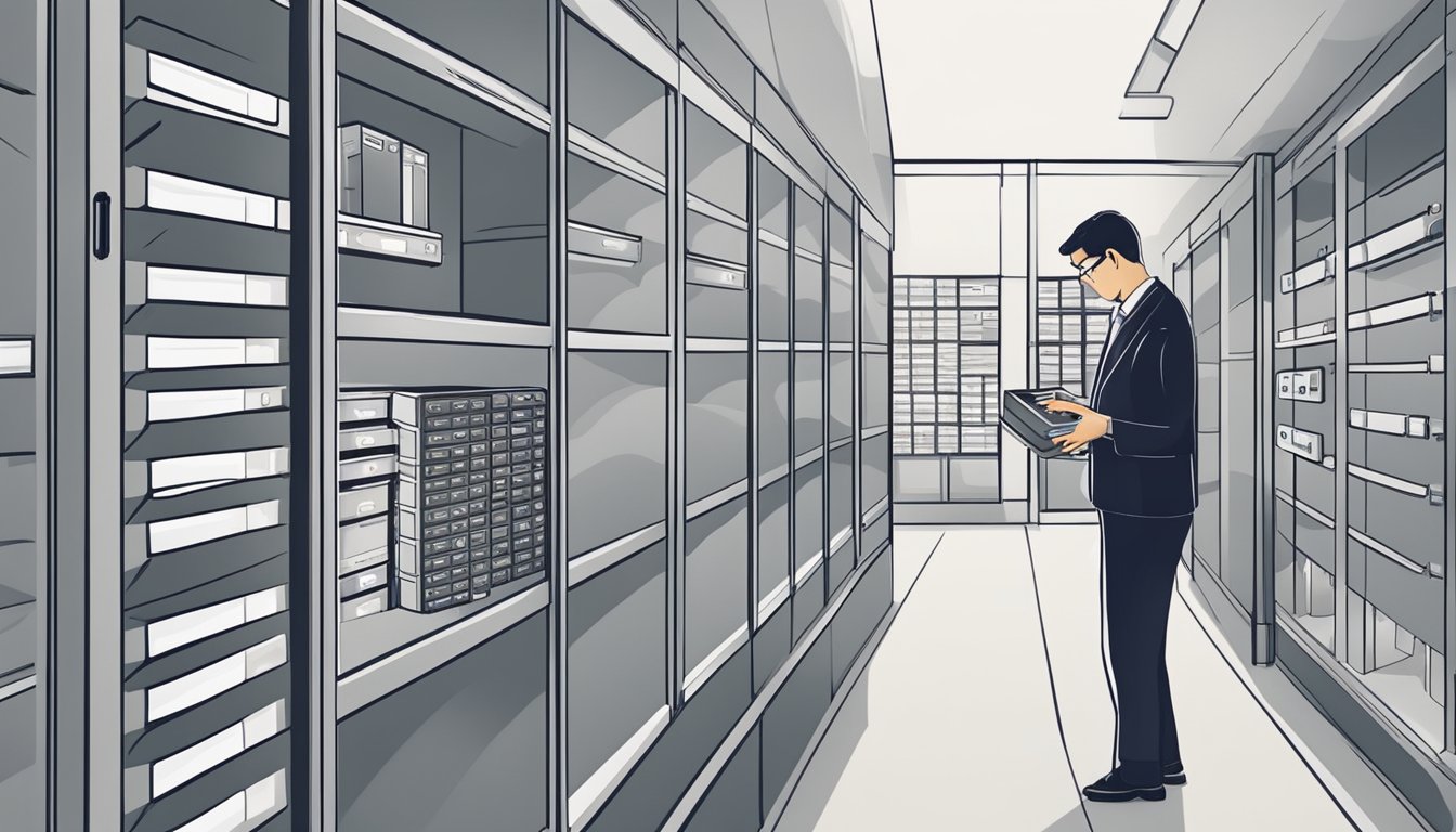 A customer carefully examines various safe boxes at a secure store in Singapore, considering their size, security features, and price before making a decision