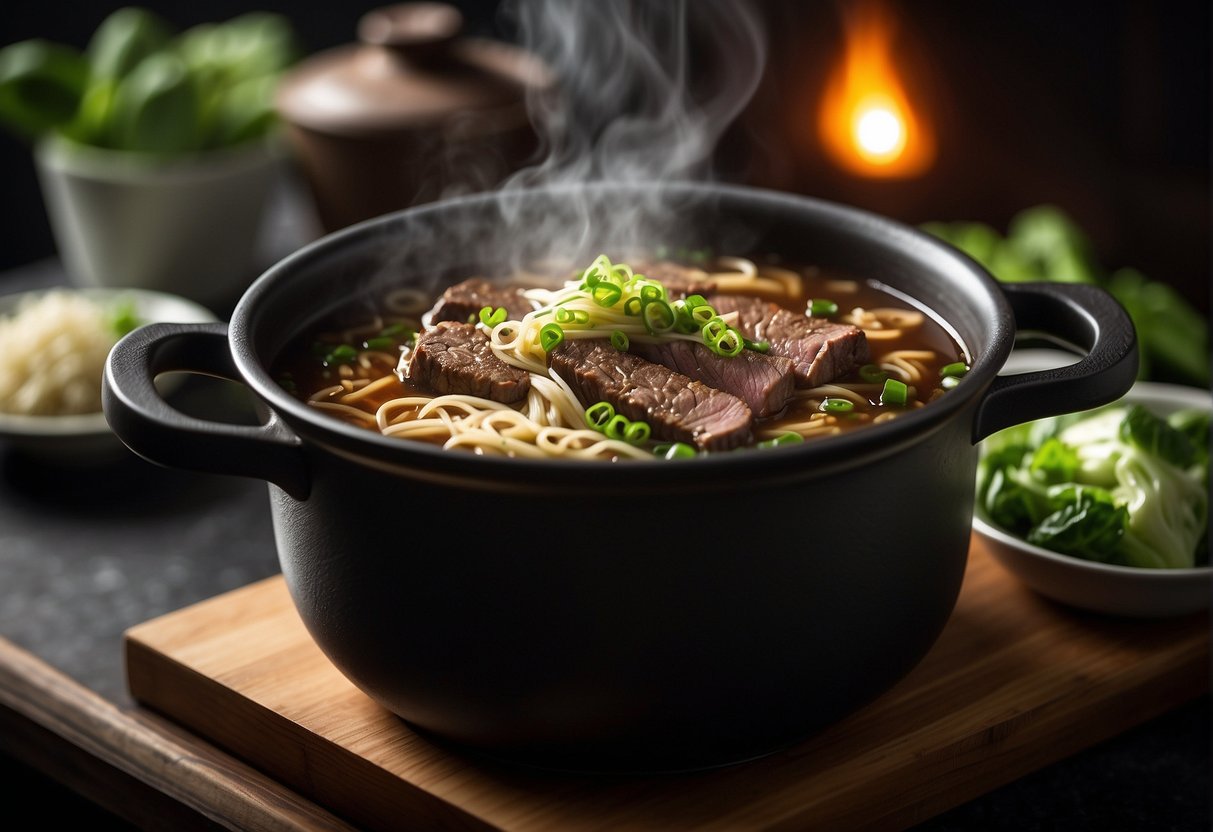 Beef brisket simmers in aromatic broth with noodles and bok choy. Steam rises from the pot as the rich flavors meld together