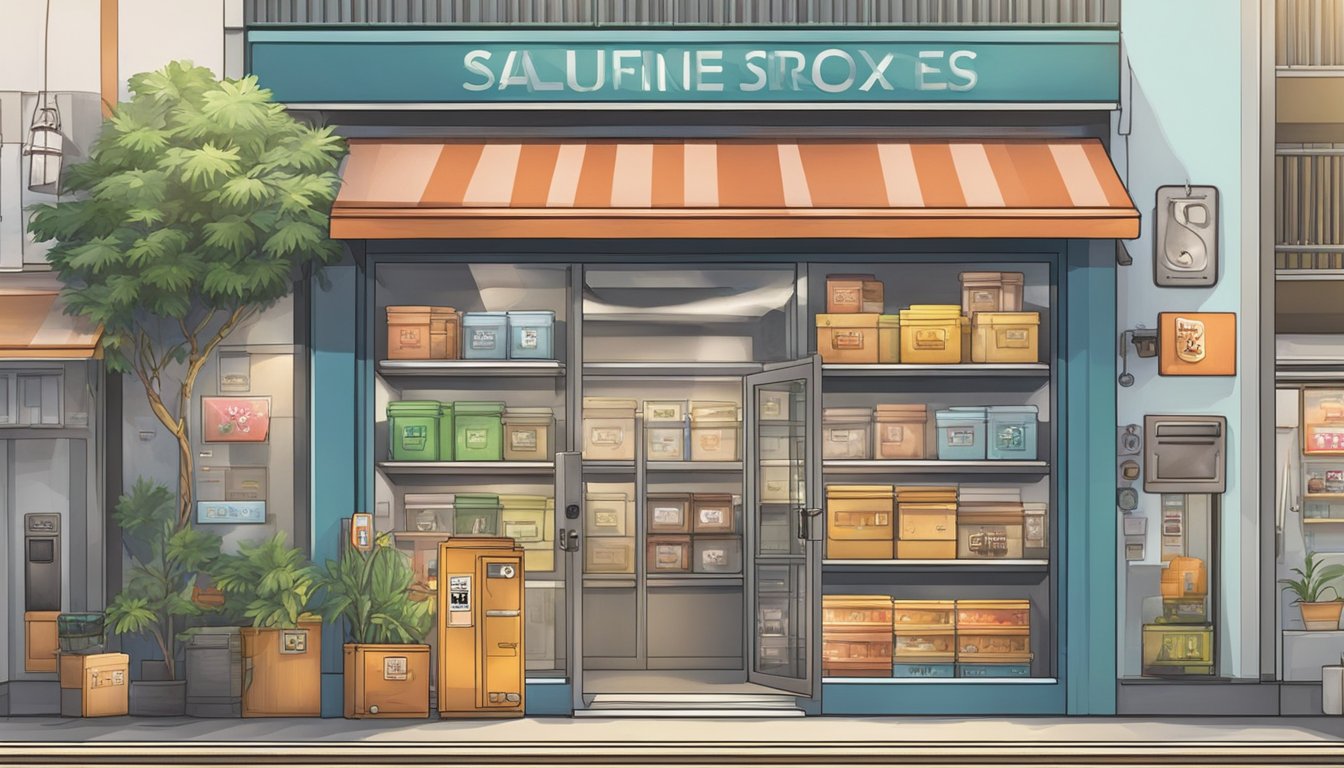 A storefront in Singapore displays various safe boxes for sale. The shop's sign prominently advertises its selection of secure storage options
