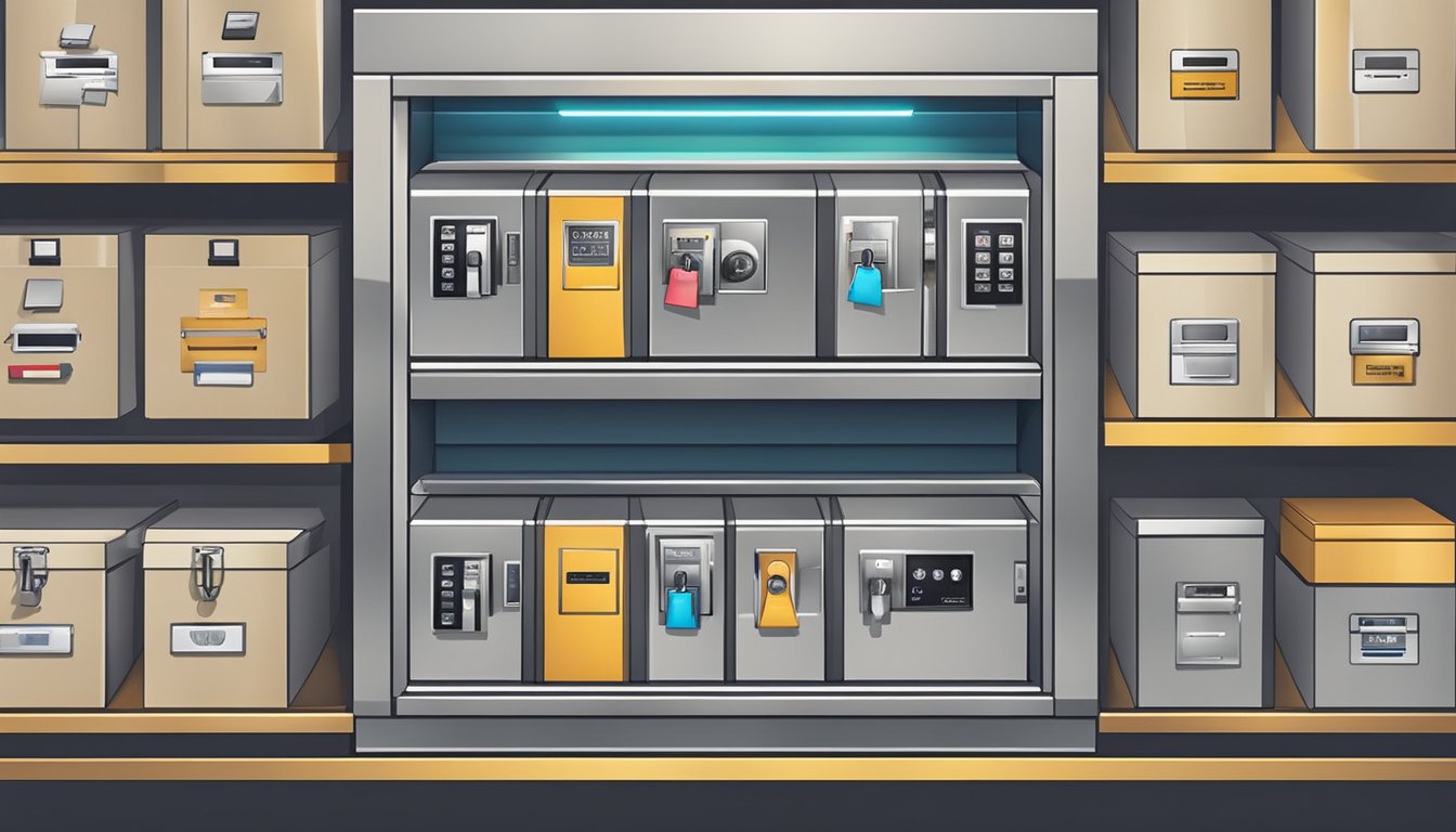 A safe box displayed in a secure and well-lit store in Singapore. Multiple options with price tags and clear signage for customer assistance