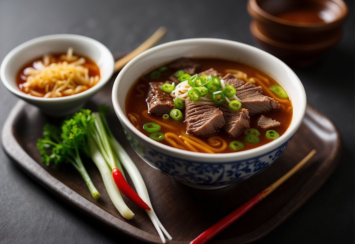 A steaming bowl of Chinese braised beef brisket noodle soup, garnished with green onions and served with a side of chili oil