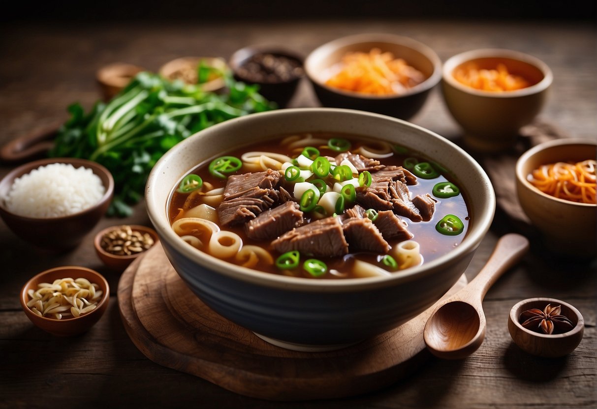 A steaming bowl of Chinese braised beef brisket noodle soup sits on a rustic wooden table, surrounded by scattered ingredients like star anise, ginger, and green onions