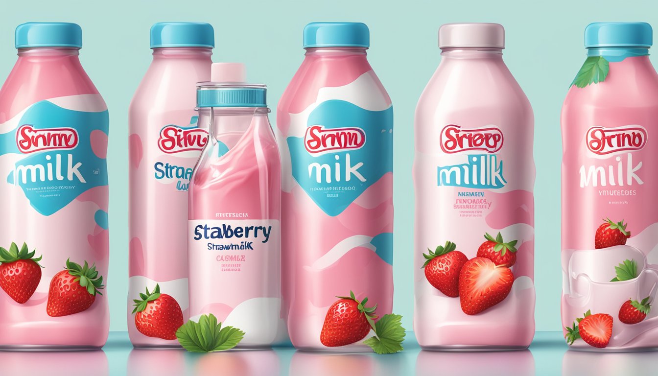 A table displays various strawberry milk brands in colorful packaging