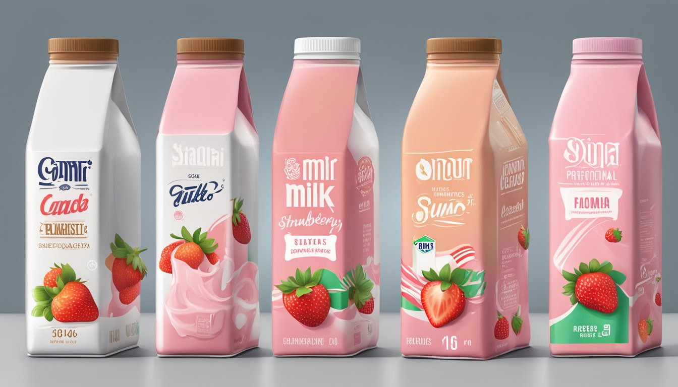 A table with various strawberry milk cartons from different brands. Labels and logos are visible, showcasing the variety of options available