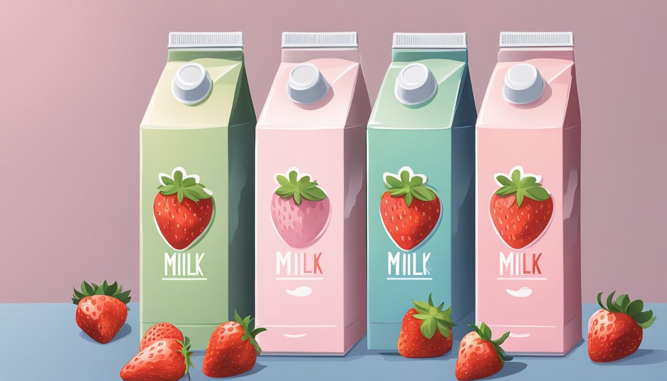 Strawberry milk cartons being bought and placed in a refrigerator for preservation