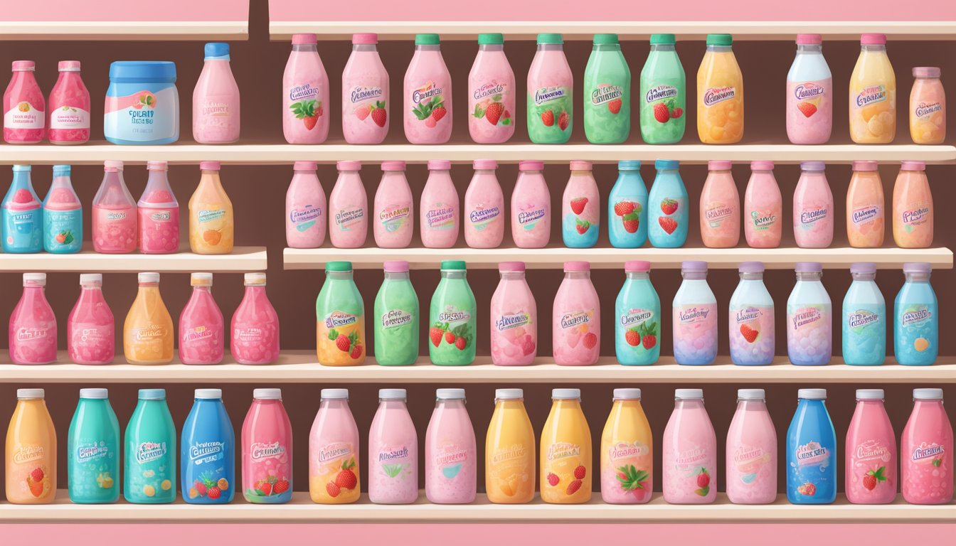 A variety of strawberry milk brands arranged on a shelf with colorful packaging and prominent "Frequently Asked Questions" label
