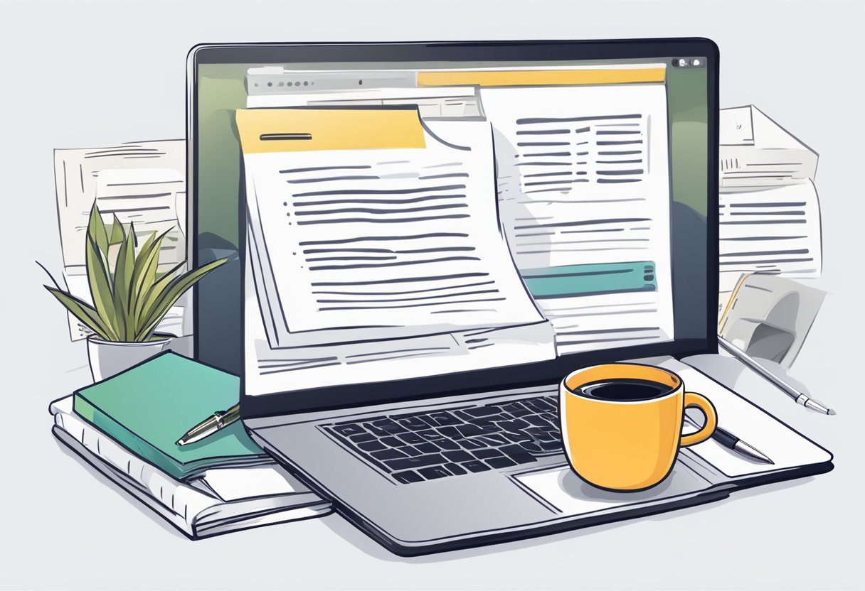 An open laptop displaying various niche options. A pen and notebook with research notes. A cup of coffee. A calm, focused atmosphere