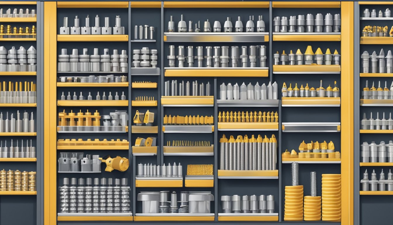 A hardware store shelf displays various screw types and sizes, with clear labels indicating specifications. The store is located in Singapore