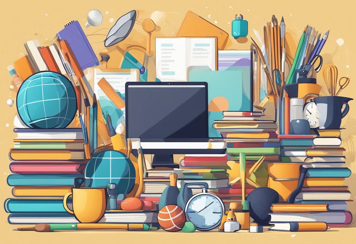 A person surrounded by various objects representing different interests and passions, such as books, art supplies, sports equipment, and cooking utensils, with a computer and affiliate marketing materials in the background