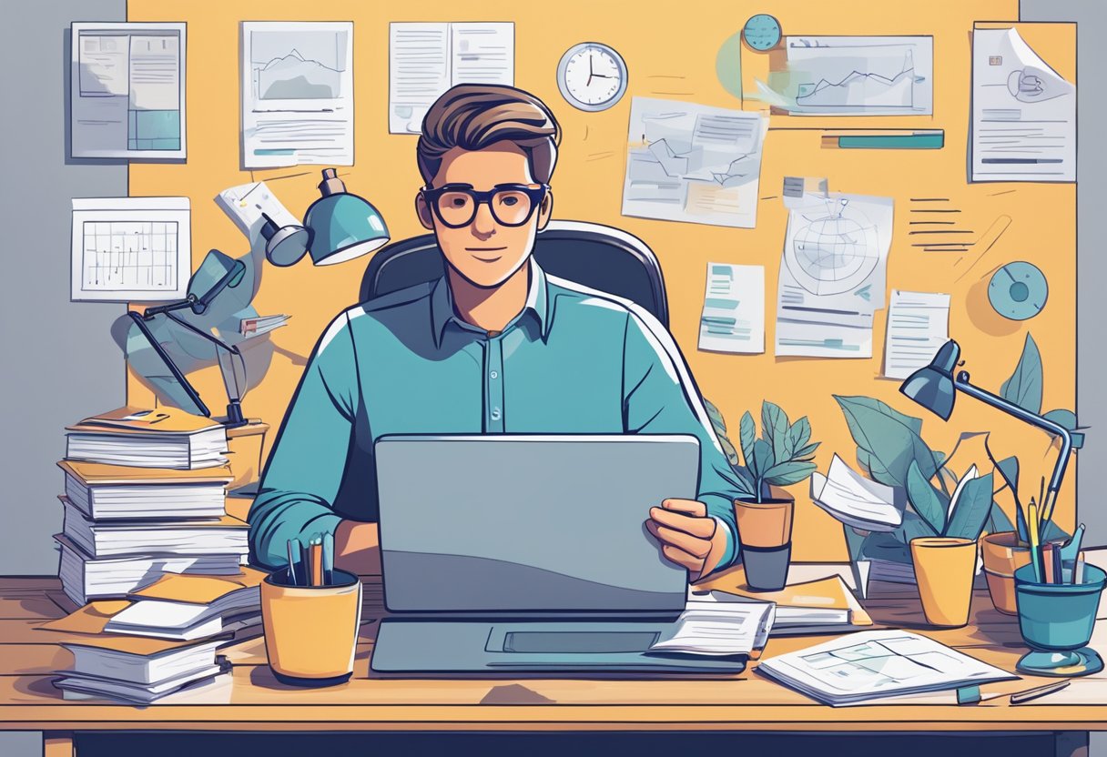 A person at a desk with a laptop, surrounded by research materials and notes, searching for profitable niches for affiliate marketing