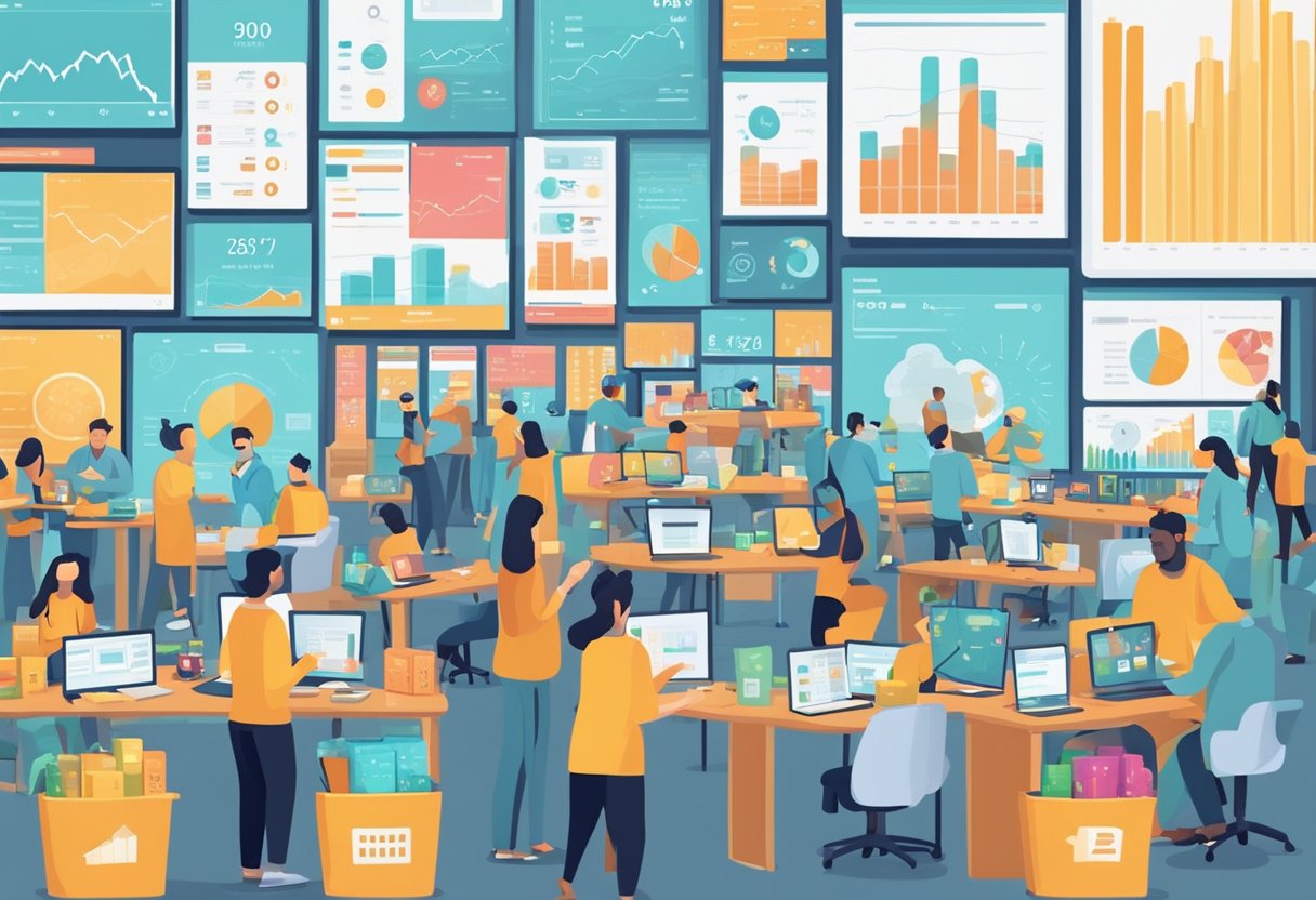 A bustling marketplace with diverse products and people, data charts and profit margins displayed on screens, a person conducting market research and analyzing consumer trends