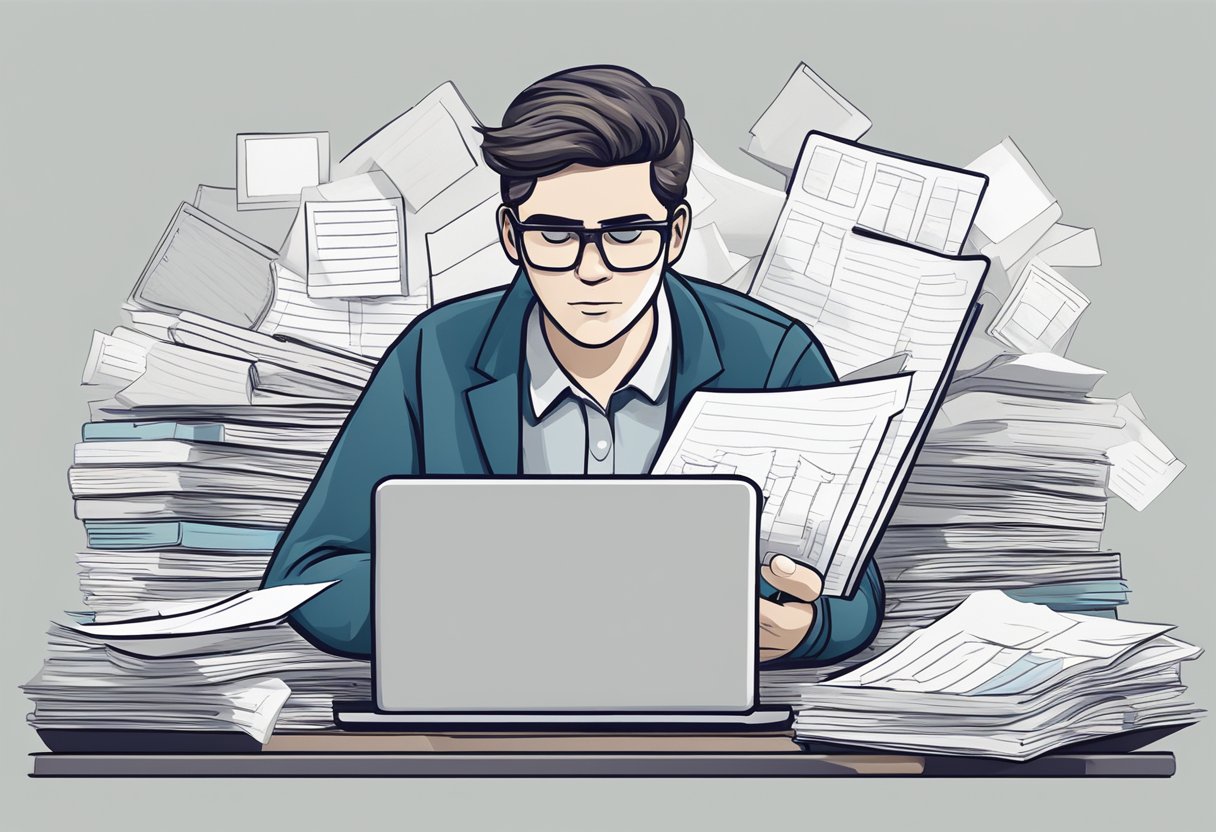 A person researching on a laptop, surrounded by papers and notes, with a focused expression