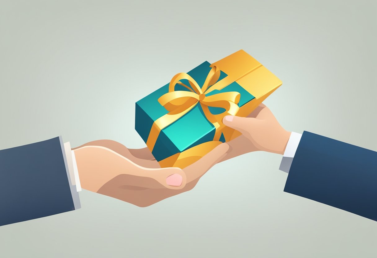 A person handing a gift to another person, symbolizing trust and connection. The gift could be represented by a symbol such as a puzzle piece or a key