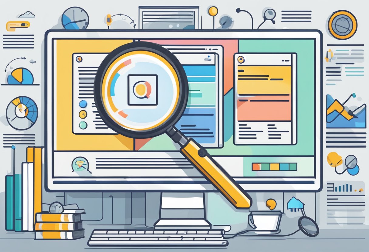 A computer screen displaying a search engine results page with various niche topics related to affiliate marketing. A magnifying glass hovers over the screen, symbolizing the search for a good niche