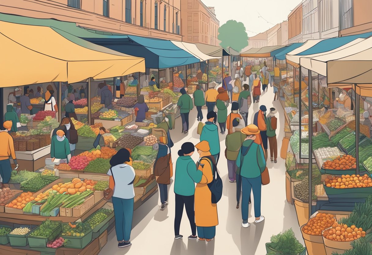 A bustling marketplace with various stalls showcasing popular and evergreen products. Customers browsing and engaging with enthusiastic vendors