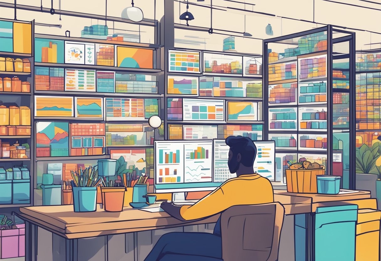 A bustling marketplace with various products and signs, a person analyzing data on a laptop, and a chart showing market trends