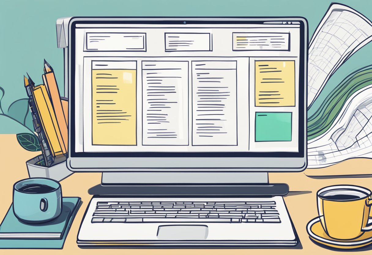 A computer screen with a list of potential niche markets, a notepad with brainstormed ideas, and a cup of coffee on a desk