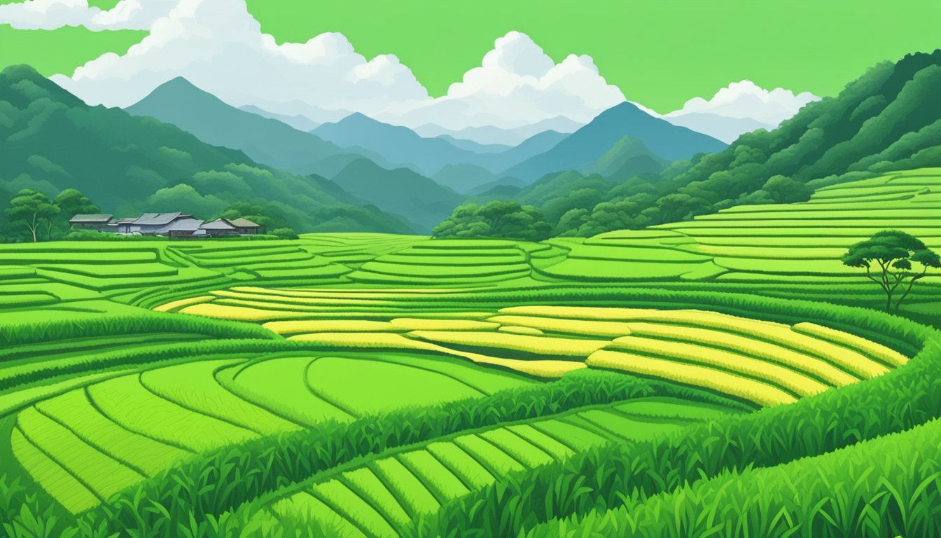 A vibrant green rice field with a mountainous backdrop, showcasing the natural beauty of Taiwan's rice production