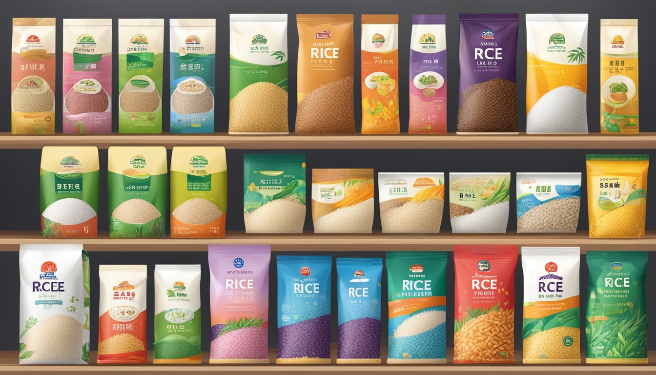 A variety of Taiwan rice brands displayed on shelves with colorful packaging and labels, showcasing the diverse options available for consumers