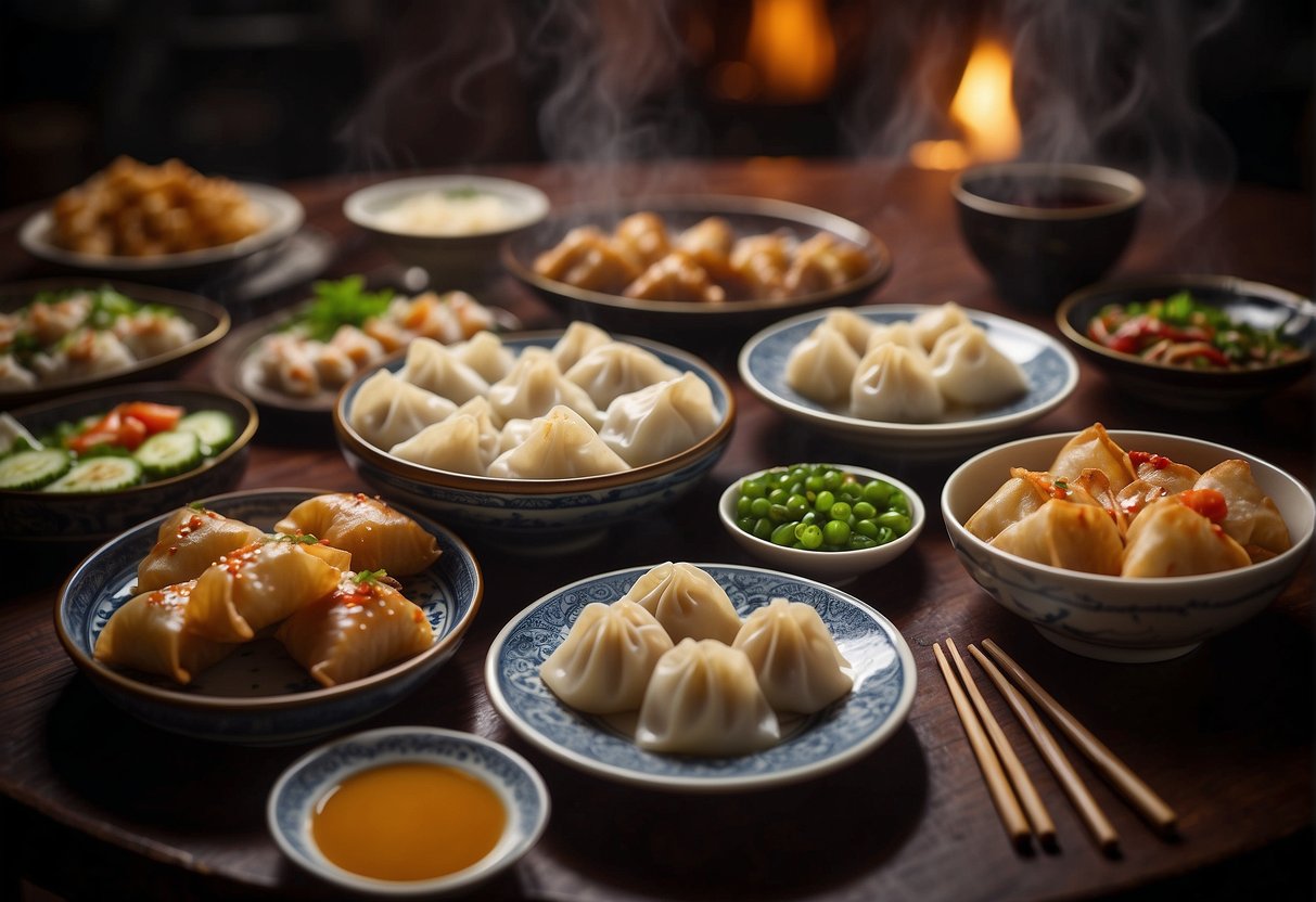 A table set with assorted Chinese appetizers, including dumplings, spring rolls, and potstickers. Steam rises from the dishes, and chopsticks rest nearby