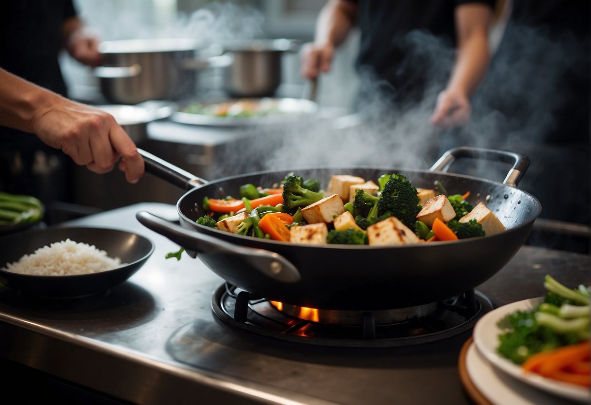 A wok sizzles with stir-fried vegetables and tofu. Steam rises as a chef adds soy sauce and ginger. A bowl of fluffy white rice sits nearby