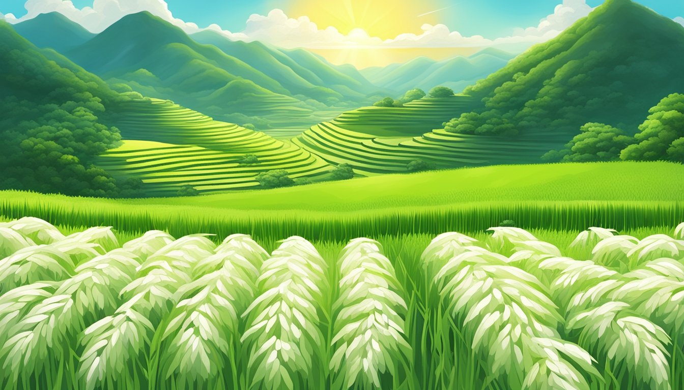 A lush green rice field with the sun shining overhead, showcasing the high quality and dedication to service of the Taiwan rice brand