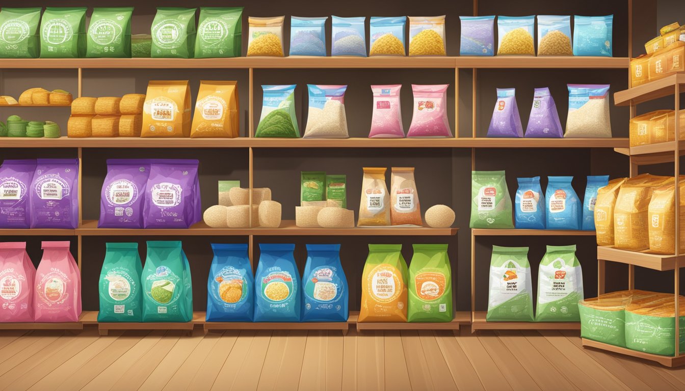 A colorful display of Taiwan rice bags with "Frequently Asked Questions" labels. Bright lighting and clean, organized shelves