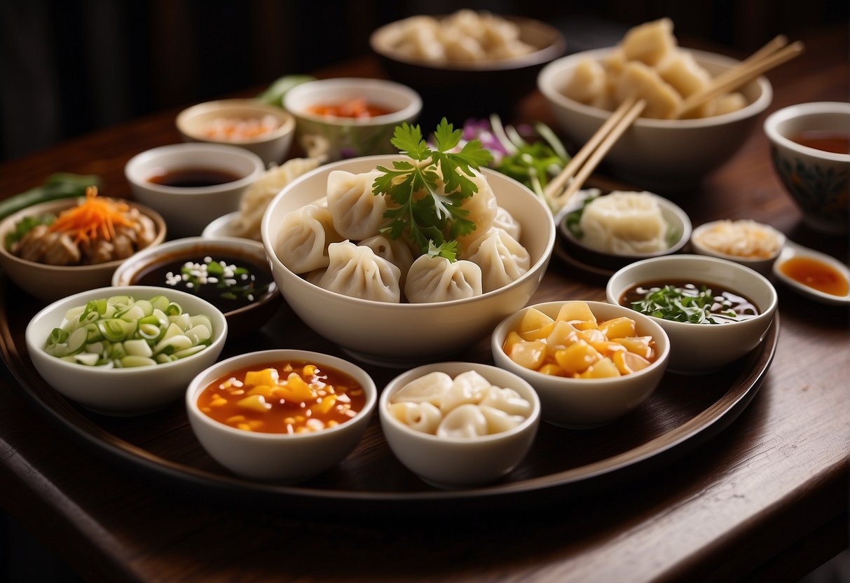 A table spread with an assortment of steaming dumplings, surrounded by colorful dipping sauces and chopsticks