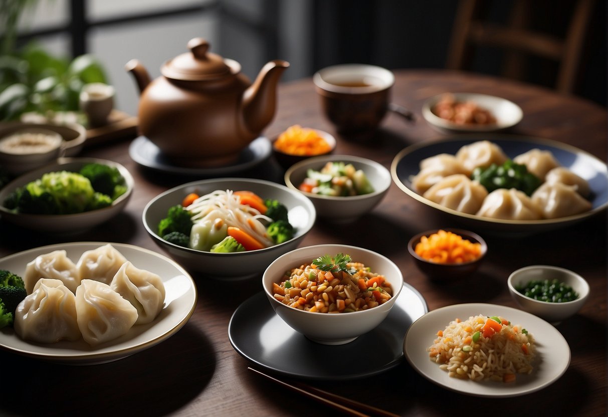 A table set with various popular Chinese dishes, including dumplings, fried rice, and stir-fried vegetables, with chopsticks and a teapot nearby