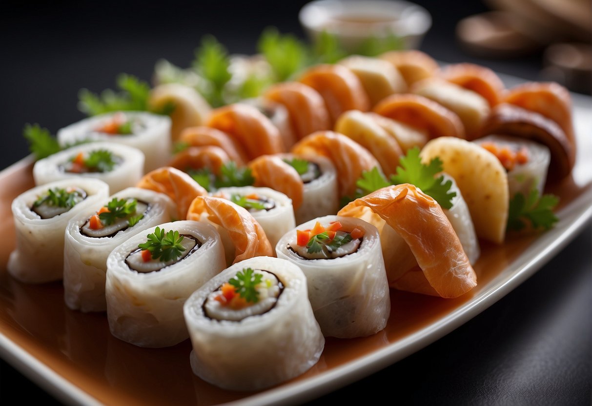 A plate of neatly rolled and wrapped Chinese appetizers, with a variety of fillings, arranged in an appealing and appetizing manner