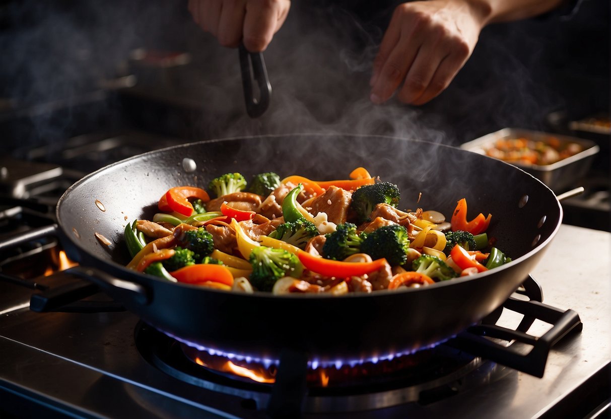 A wok sizzles over a hot flame as a chef stir-fries vegetables and meat. A bottle of soy sauce and a bowl of rice sit nearby