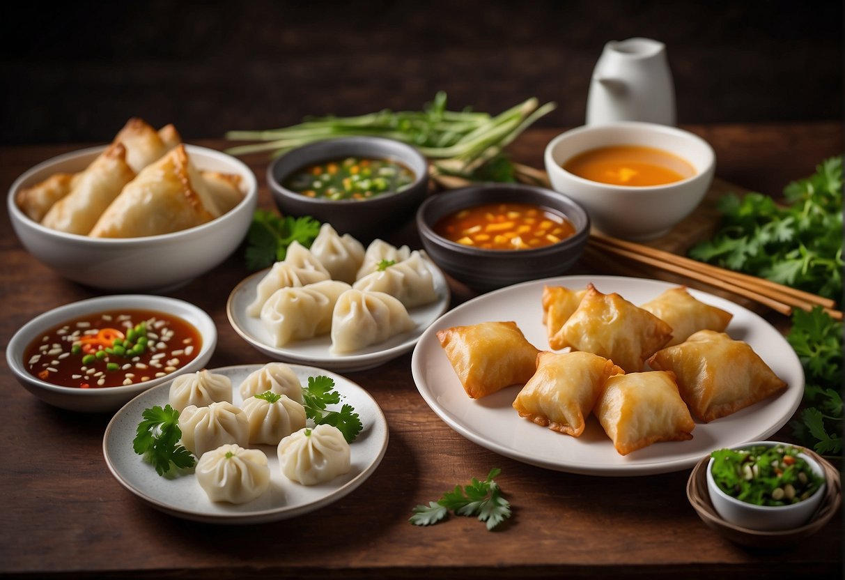 A table set with an assortment of Savoury Bites, including dumplings, spring rolls, and potstickers, accompanied by dipping sauces and garnished with fresh herbs