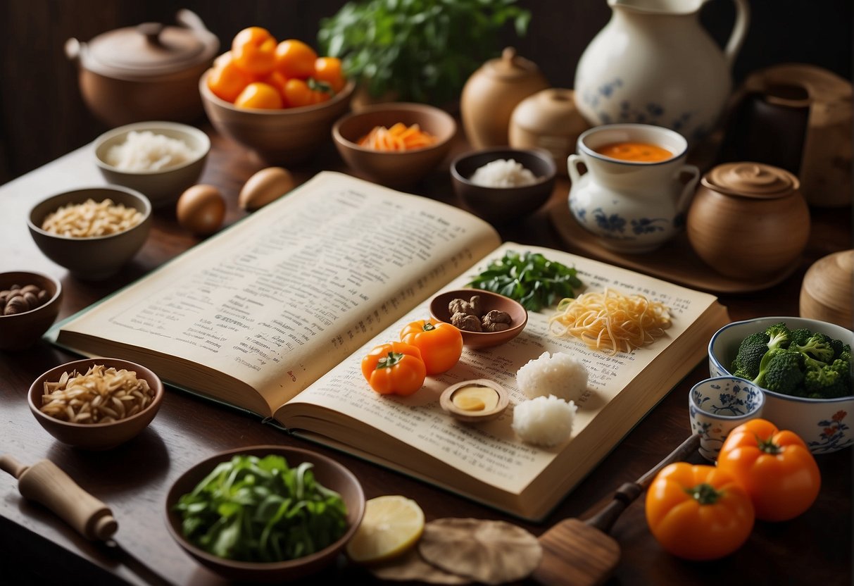 A kitchen counter with various Chinese ingredients and cooking utensils laid out, with a recipe book open to a page titled "Easy Chinese Food Recipes."
