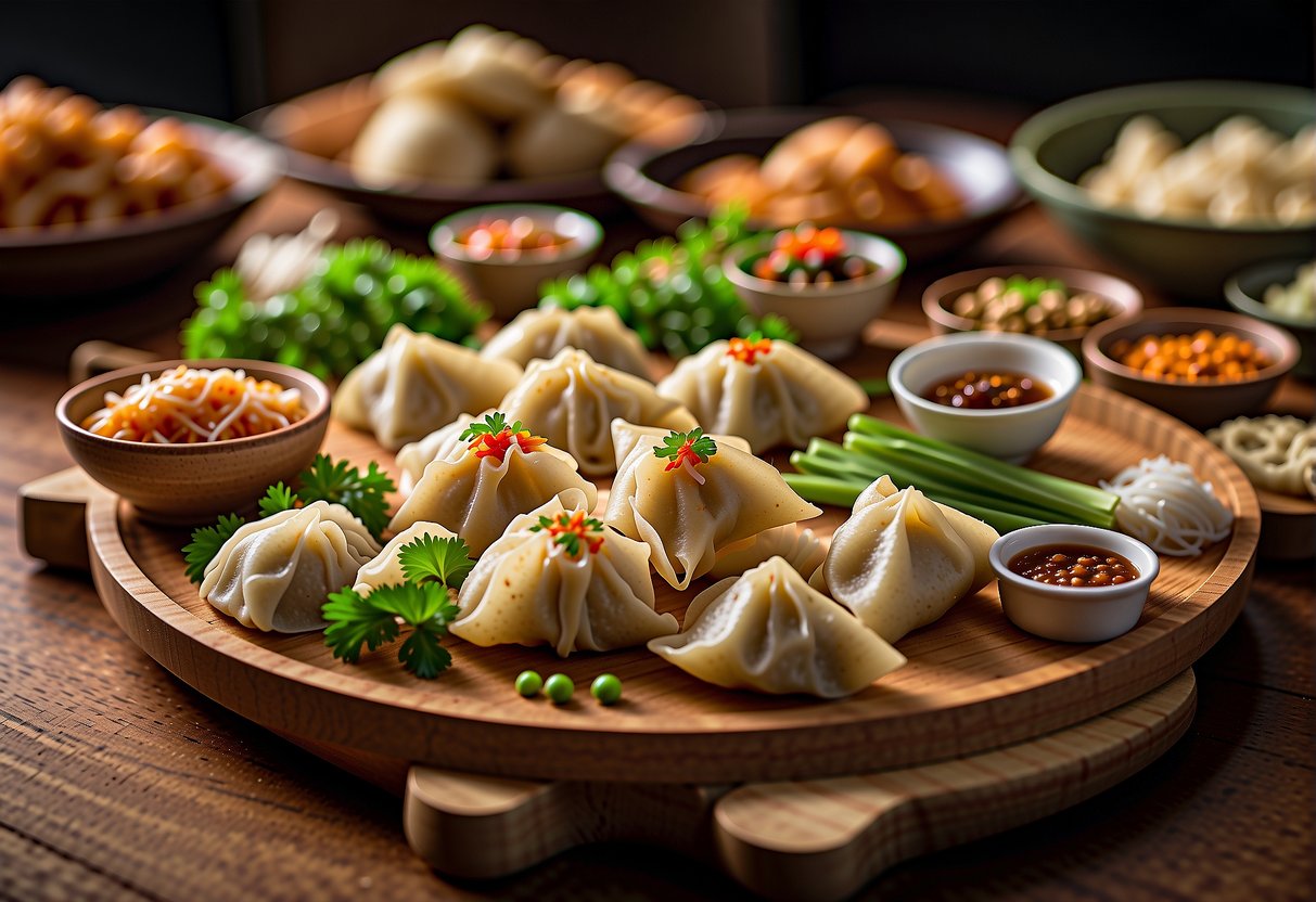 A table filled with various Chinese appetizers, including dumplings, spring rolls, and wontons. A chef's knife, cutting board, and ingredients are scattered around