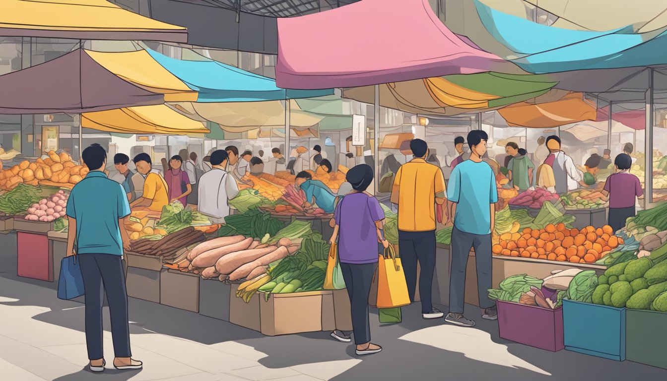 A bustling marketplace with fresh turkey on display, customers browsing, and vendors calling out prices in Singapore