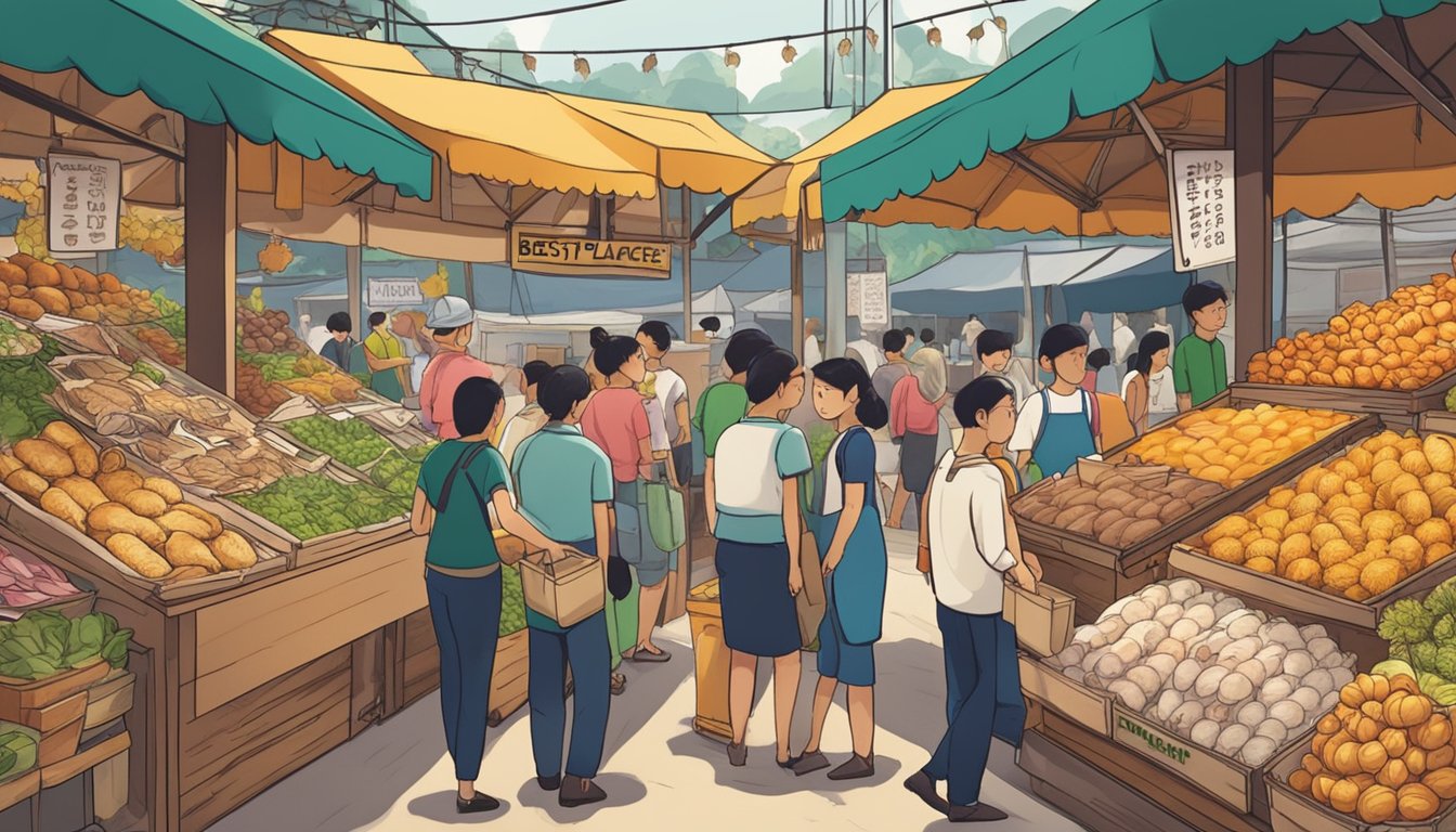 A bustling market stall displays plump, golden turkeys with a sign reading "Best Places to Buy Turkey in Singapore." Customers browse the selection, while the vendor proudly showcases the fresh, high-quality poultry