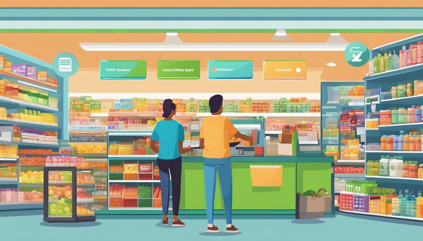 A bustling grocery store with colorful displays and a variety of products. Customers swipe credit cards at the checkout counter